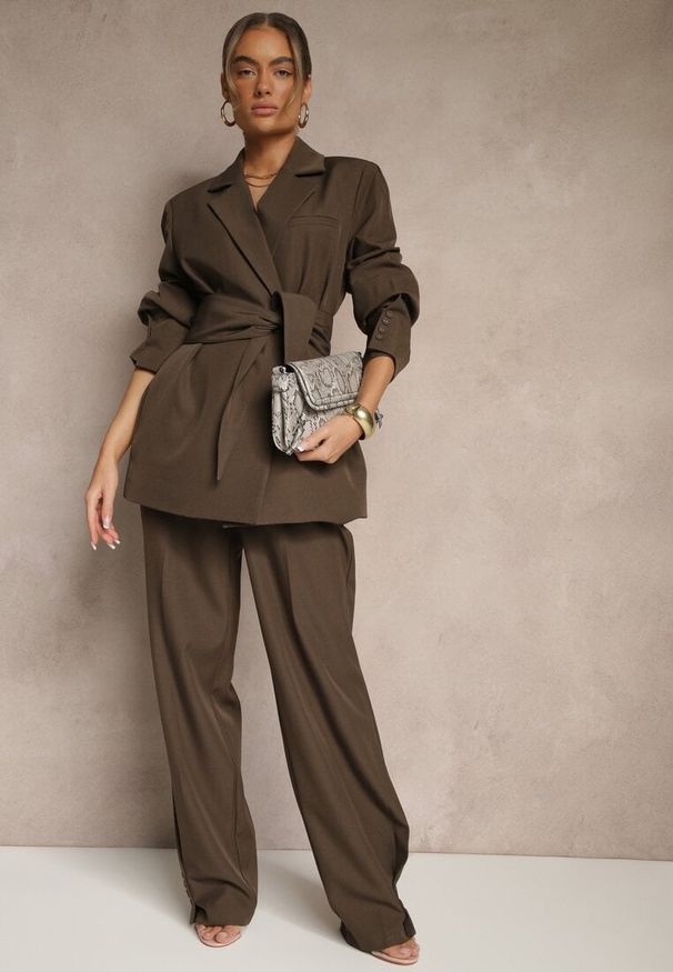 Renee - Brązowe Spodnie Garniturowe High Waist Annavia. Okazja: na spotkanie biznesowe. Stan: podwyższony. Kolor: brązowy. Styl: elegancki, biznesowy