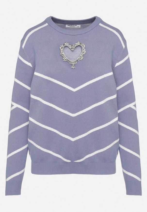Born2be - Niebieski Sweter z Wiskozą w Geometryczny Wzór z Wycięciem w Kształcie Serca z Cyrkoniami Temilime. Okazja: na spotkanie biznesowe, do pracy, na co dzień. Kolor: niebieski. Materiał: wiskoza. Długość rękawa: długi rękaw. Długość: długie. Wzór: geometria. Styl: biznesowy, elegancki, casual