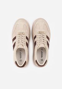 Renee - Beżowe Sneakersy na Platformie ze Skóry Naturalnej Ozdobione Paskami Sovimi. Okazja: na co dzień. Zapięcie: pasek. Kolor: beżowy. Materiał: skóra. Wzór: aplikacja. Obcas: na platformie #3