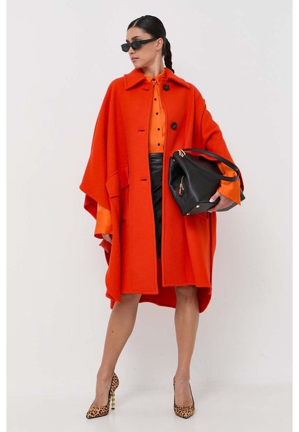Pinko poncho wełniane kolor pomarańczowy przejściowy oversize. Kolor: pomarańczowy. Materiał: wełna. Wzór: gładki