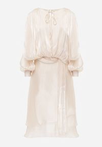 Renee - Jasnobeżowa Rozkloszowana Sukienka Wieczorowa z Szyfonowej Tkaniny Amanna. Kolor: beżowy. Materiał: tkanina, szyfon. Wzór: gładki, aplikacja. Typ sukienki: rozkloszowane. Styl: wizytowy #3