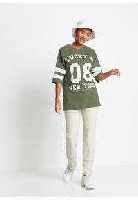 bonprix - Shirt oversize z czystej bawełny organicznej. Kolor: zielony. Materiał: bawełna. Wzór: nadruk