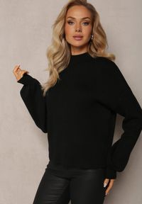 Renee - Czarny Gładki Sweter Golf ze Ściągaczami Germifa. Okazja: na co dzień. Typ kołnierza: golf. Kolor: czarny. Materiał: jeans, skóra. Wzór: gładki. Styl: elegancki, casual