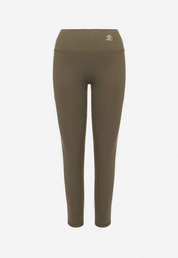 Born2be - Ciemnozielone Legginsy Sportowe z Wysokim Stanem i Drobnym Nadrukiem Leridra. Stan: podwyższony. Kolor: zielony. Wzór: nadruk. Styl: sportowy