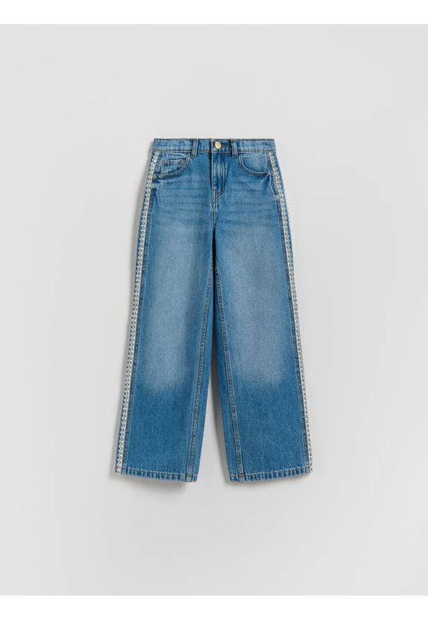 Reserved - Jeansy straight z lampasami - niebieski. Kolor: niebieski