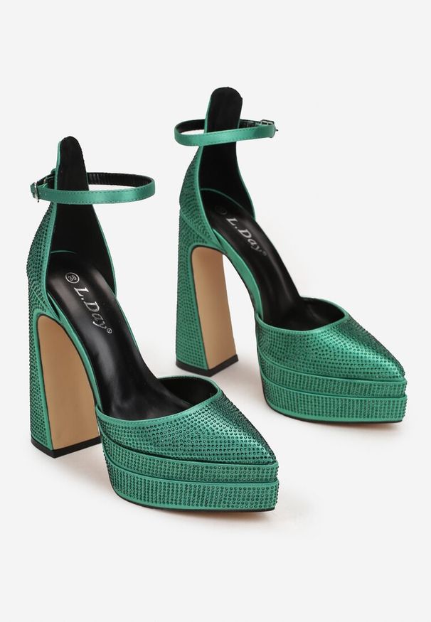 Born2be - Zielone Sandały w Cyrkonie na Platformie i Słupku Saana. Okazja: na co dzień. Kolor: zielony. Materiał: jeans. Obcas: na platformie. Styl: elegancki, casual. Wysokość obcasa: średni