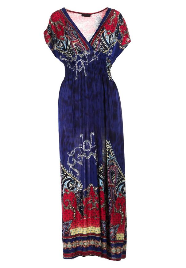 Born2be - Niebieska Kopertowa Sukienka w Etniczny Wzór Matanira. Okazja: na co dzień. Kolor: niebieski. Materiał: materiał. Długość rękawa: krótki rękaw. Sezon: lato. Typ sukienki: kopertowe. Styl: wakacyjny, elegancki, casual, boho, etno. Długość: maxi