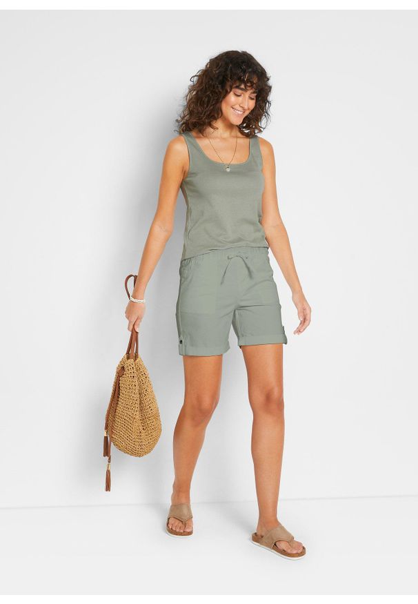 bonprix - Bermudy bawełniane z gumką w talii. Kolor: zielony. Materiał: bawełna
