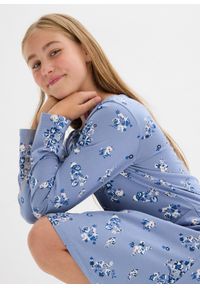bonprix - Sukienka dziewczęca z dżerseju z czystej bawełny. Kolor: niebieski. Materiał: jersey, bawełna. Długość rękawa: długi rękaw. Wzór: aplikacja, kwiaty #3