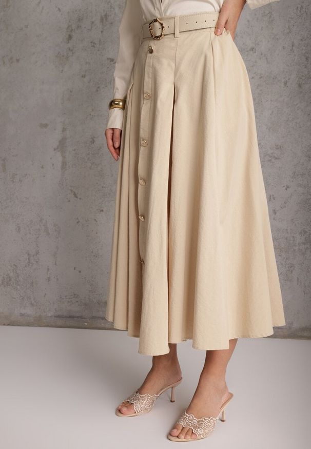 Renee - Beżowa Rozkloszowana Spódnica z Kieszonkami i Paskiem z Klamrą Qualea. Okazja: na co dzień. Kolor: beżowy. Materiał: wiskoza, bawełna, materiał. Styl: casual, elegancki