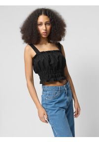 outhorn - Crop top z lnem damski - czarny. Kolor: czarny. Materiał: len. Długość rękawa: na ramiączkach