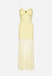 Born2be - Żółta Sukienka na Ramiączkach z Wiskozą Zdobiona Aplikacją i Siateczką Savaleira. Okazja: na co dzień. Typ kołnierza: dekolt w kształcie V. Kolor: żółty. Materiał: wiskoza. Długość rękawa: na ramiączkach. Wzór: aplikacja. Styl: casual, elegancki, klasyczny #7