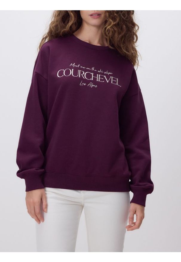 Reserved - Bluza z haftem - fioletowy. Kolor: fioletowy. Materiał: bawełna, dzianina. Wzór: haft