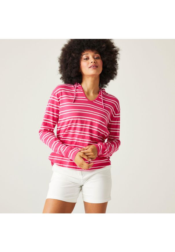 Regatta - Minerve V-Neck damska bluza z kapturem. Typ kołnierza: kaptur. Kolor: różowy. Materiał: bawełna. Styl: elegancki, sportowy. Sport: turystyka piesza