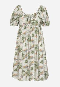 Born2be - Zielona Sukienka z Bufiastymi Rękawami i Wiązaniem przy Dekolcie z Gumką na Plecach Vikninna. Okazja: na randkę, na co dzień. Kolor: zielony. Materiał: jeans. Wzór: kwiaty, aplikacja. Sezon: lato. Styl: casual #3