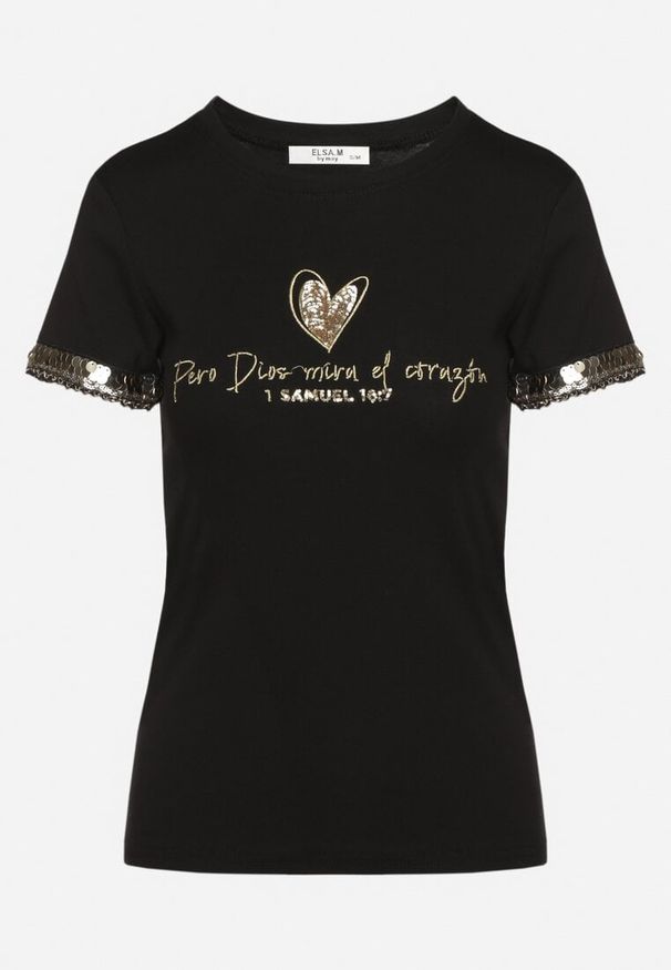 Born2be - Czarny Bawełniany T-shirt Ozdobiony Cyrkoniami Arilian. Okazja: na co dzień. Kolor: czarny. Materiał: bawełna. Wzór: aplikacja. Sezon: lato, wiosna. Styl: elegancki, casual