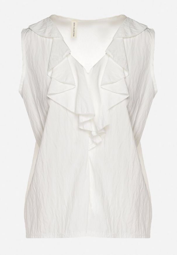 Born2be - Biała Bluzka z Wiskozą Zdobiona Falbaną przy Dekolcie Palissea. Okazja: na co dzień. Typ kołnierza: dekolt w serek. Kolor: biały. Materiał: wiskoza. Długość rękawa: bez rękawów. Wzór: aplikacja. Styl: klasyczny, casual, elegancki