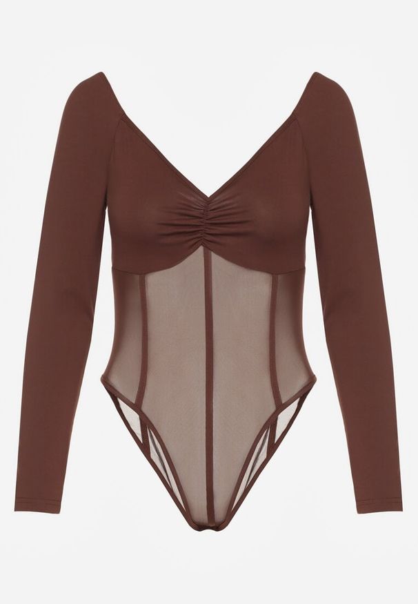 Renee - Brązowe Body Vices o Fasonie Longsleeve z Dekoltem w Kształcie V Asstre. Okazja: na randkę, na co dzień. Typ kołnierza: dekolt w kształcie V. Kolor: brązowy. Materiał: jeans, skóra. Długość rękawa: długi rękaw. Długość: długie. Styl: casual, klasyczny