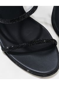 RENE CAOVILLA - Czarne sandały na szpilce Cleo. Nosek buta: okrągły. Zapięcie: pasek. Kolor: czarny. Materiał: satyna. Wzór: aplikacja, paski. Obcas: na szpilce. Styl: elegancki. Wysokość obcasa: średni #6