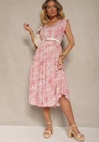 Renee - Różowa Sukienka z Bawełny we Florystyczny Print Rozkloszowana Diviora. Kolor: różowy. Materiał: bawełna. Długość rękawa: krótki rękaw. Wzór: nadruk. Typ sukienki: rozkloszowane