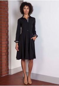 Lanti - Czarna Sukienka Szmizjerka z Długim Rękawem. Kolor: czarny. Materiał: poliester. Długość rękawa: długi rękaw. Typ sukienki: szmizjerki #1