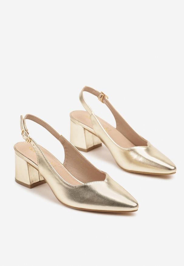 Renee - Złote Sandały Vices na Słupku Slingback ze Skórzaną Wkładką Ciaravien. Okazja: na co dzień. Zapięcie: sprzączka. Kolor: złoty. Materiał: skóra. Obcas: na słupku. Styl: klasyczny, elegancki, casual