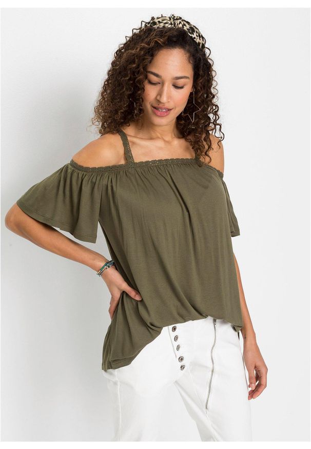 bonprix - T-shirt z odkrytymi ramionami z miękkiej wiskozy. Kolor: zielony. Materiał: wiskoza, koronka. Wzór: koronka