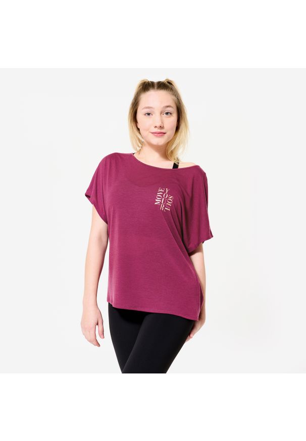 DOMYOS - Koszulka z krótkim rękawem do tańca nowoczesnego damska Starever. Kolor: fioletowy. Materiał: poliester, materiał, lyocell. Długość rękawa: krótki rękaw. Długość: krótkie. Sport: taniec