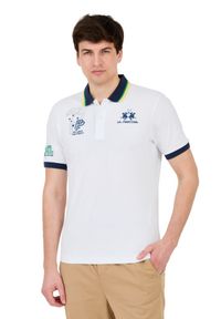 La Martina - LA MARTINA Białe męskie polo z dużym logo, Rozmiar M. Typ kołnierza: polo. Kolor: biały #4