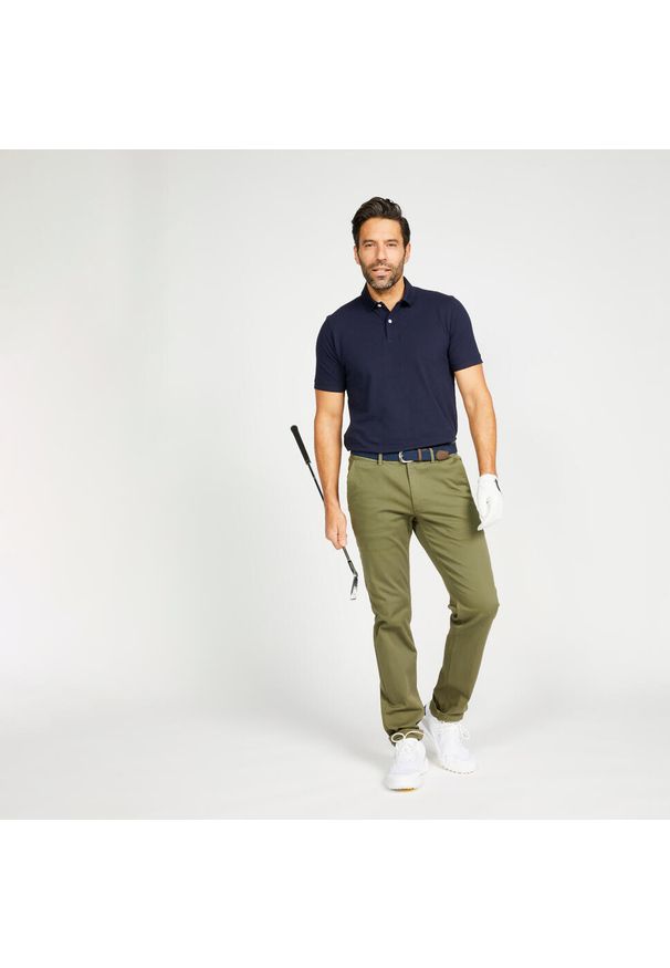 INESIS - Koszulka polo do golfa z krótkim rękawem męska Inesis MW500. Typ kołnierza: polo, golf. Kolor: niebieski. Materiał: bawełna, poliester, materiał. Długość rękawa: krótki rękaw. Długość: krótkie. Wzór: ze splotem. Styl: klasyczny