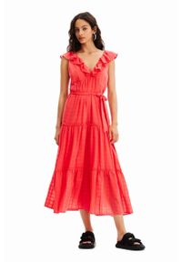 Desigual sukienka kolor czerwony midi rozkloszowana. Kolor: czerwony. Materiał: bawełna. Długość rękawa: krótki rękaw. Typ sukienki: rozkloszowane. Długość: midi #1