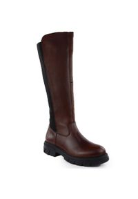 Skórzane kozaki damskie z gumą brązowe Rieker Z9158-27. Kolor: brązowy. Materiał: skóra