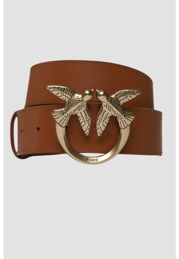 Pinko - PINKO Brązowy pasek damski Love Berry H4 Belt, Rozmiar XS. Kolor: brązowy