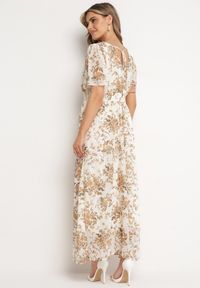 Born2be - Beżowa Rozkloszowana Sukienka z Krótkim Rękawem i Gumką w Pasie Wiązana na Plecach Jolla. Kolor: beżowy. Długość rękawa: krótki rękaw. Styl: klasyczny #5