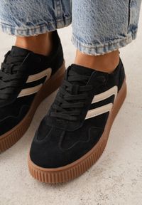 Renee - Czarne Sneakersy Retro Tenisówki z Naturalnego Zamszu ze Skórzaną Wkładką Beralene. Kolor: czarny. Materiał: zamsz, skóra #3