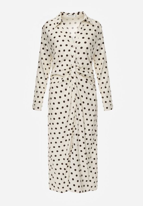 Renee - Beżowy Koszulowa Sukienka z Wiskozy z Dodatkiem Lnu z Drapowaną Talią Edrilith. Okazja: na co dzień. Kolor: beżowy. Materiał: wiskoza, len. Typ sukienki: koszulowe. Styl: casual, elegancki