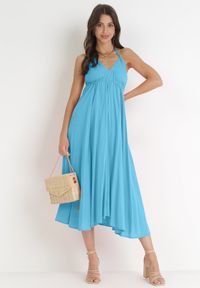 Born2be - Niebieska Sukienka Wiązana na Szyi z Wiskozy Ellaze. Kolor: niebieski. Materiał: wiskoza. Typ sukienki: rozkloszowane. Styl: wakacyjny #2