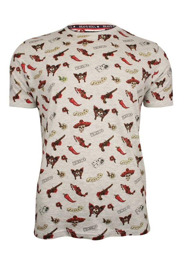 Szary T-Shirt (Koszulka) z Nadrukiem -Brave Soul- Męski, Chili, MEXICO, Rewolwer, Kostki. Okazja: na co dzień. Kolor: szary. Materiał: bawełna, wiskoza. Wzór: nadruk. Styl: casual