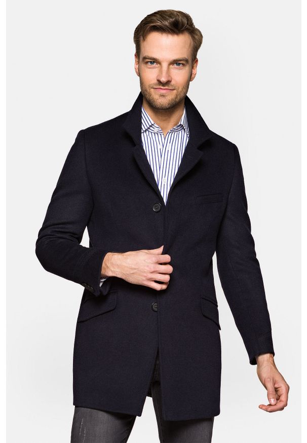 Lancerto - Płaszcz Granatowy Granton. Kolor: niebieski. Materiał: materiał, jeans, wełna, skóra, bawełna, syntetyk, poliester. Styl: klasyczny