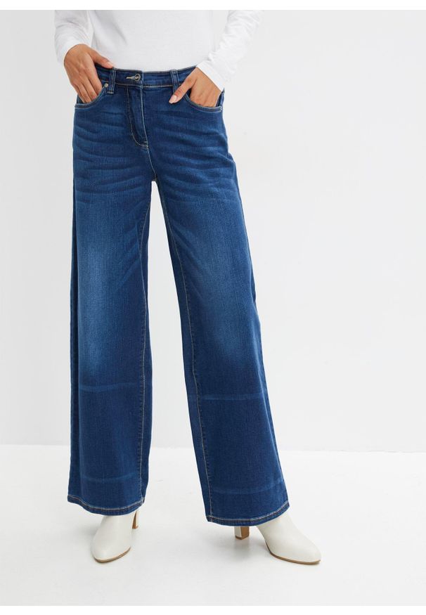 bonprix - Dżinsy wide leg, mid waist, z wygodnym pasem. Kolor: niebieski
