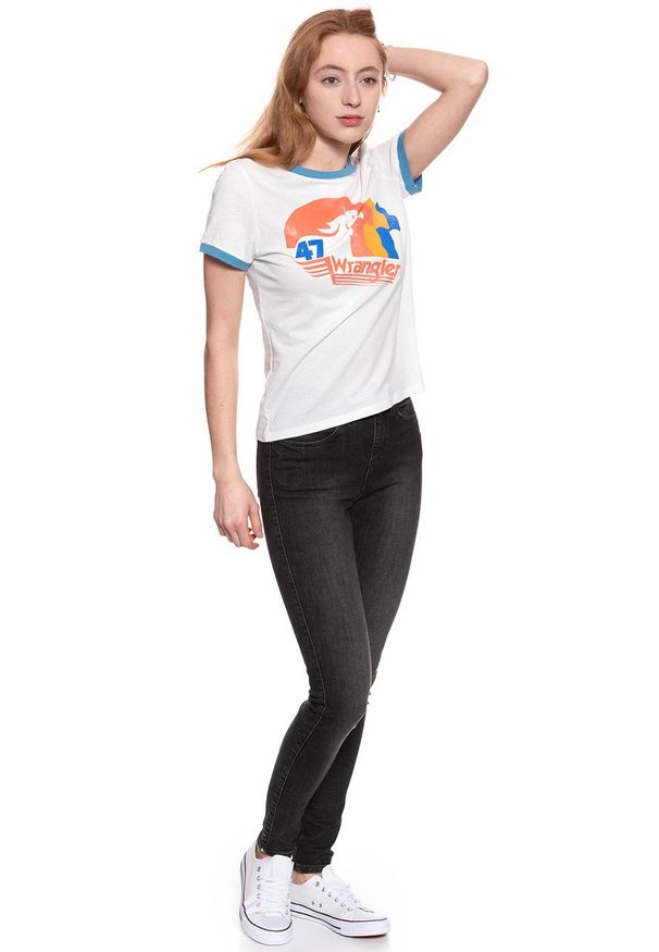 Wrangler - WRANGLER T SHIRT DAMSKI REGULAR TEE EGRET OFF WHITE W7383EVIO 112131034. Wzór: nadruk