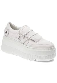 Białe Sneakersy Armodo Stylowe Obuwie Na Platformie. Zapięcie: rzepy. Kolor: biały. Materiał: jeans, syntetyk, materiał. Obcas: na platformie
