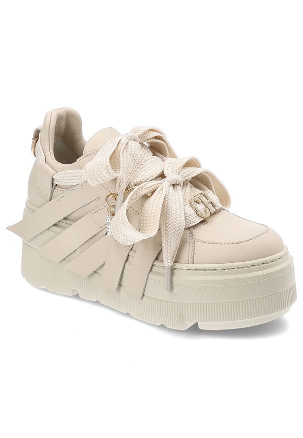 CheBello - Beżowe Sneakersy Chebello Eleganckie Obuwie Damskie Na Platformie. Okazja: na co dzień. Zapięcie: sznurówki. Kolor: beżowy. Materiał: skóra, jeans. Wzór: aplikacja. Obcas: na platformie. Styl: elegancki
