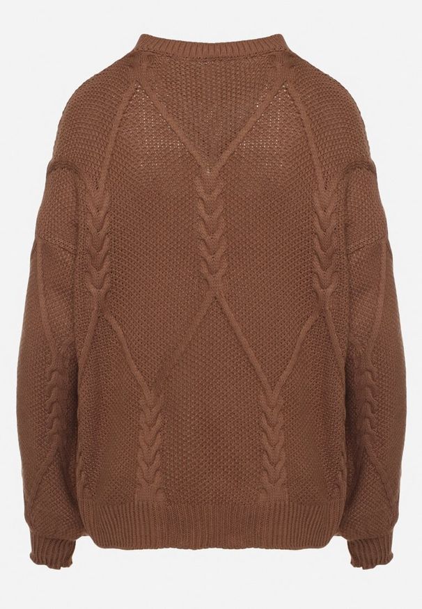 Born2be - Brązowy Sweter Ozdobiony Ściągaczami i Splotem Temirene. Okazja: na co dzień. Kolor: brązowy. Materiał: jeans, dzianina. Wzór: ze splotem, aplikacja. Styl: casual