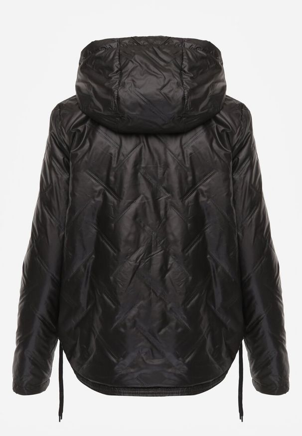 Renee - Czarna Kurtka z Pikowanymi Przeszyciami i Kapturem Ściągana po Bokach Nusillian. Okazja: na co dzień. Kolor: czarny. Materiał: jeans. Styl: casual, klasyczny, elegancki