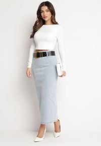 Born2be - Jasnoniebieska Midi Spódnica Ołówkowa Jeansowa z Bawełny z Ażurowym Paskiem Verailla. Kolor: niebieski. Materiał: bawełna, jeans. Wzór: ażurowy. Styl: elegancki #6