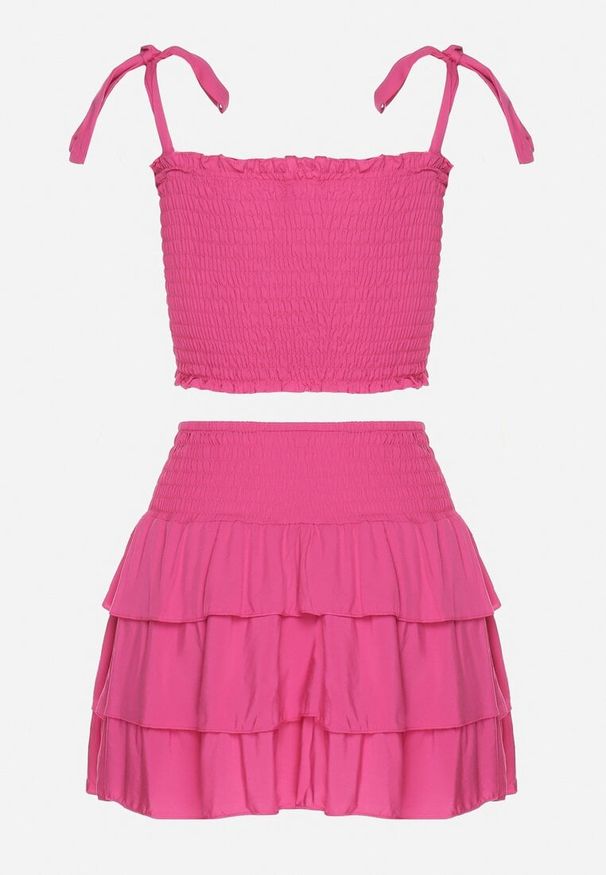 Born2be - Fuksjowy Bawełniany Komplet Top z Kokardami i Spódnica z Falbanami Saralva. Kolor: różowy. Materiał: bawełna
