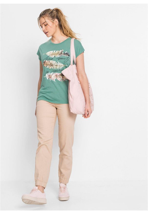 bonprix - T-shirt z brokatowym nadrukiem. Kolor: zielony. Wzór: nadruk