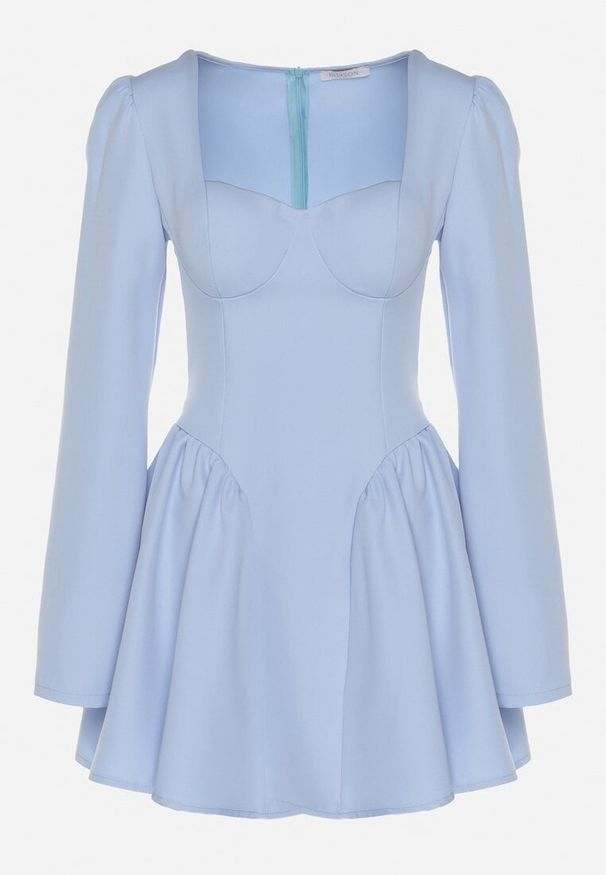 Born2be - Niebieska Koktajlowa Sukienka o Rozkloszowanym Kroju z Falbankami i Gorsetem Farian. Typ kołnierza: kołnierz z falbankami, dekolt gorset. Kolor: niebieski. Długość rękawa: długi rękaw. Typ sukienki: gorsetowe. Styl: wizytowy