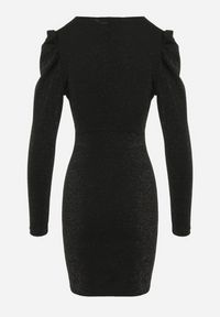 Born2be - Czarna Dopasowana Sukienka Kopertowa Mini z Metaliczną Nitką Noires. Typ kołnierza: dekolt kopertowy. Kolor: czarny. Materiał: tkanina. Długość rękawa: długi rękaw. Typ sukienki: kopertowe. Długość: mini #3